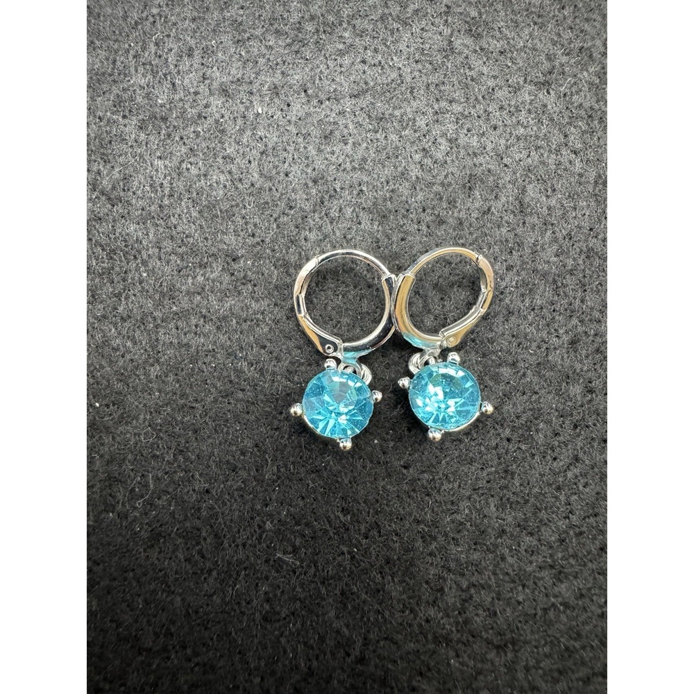 Aqua Blue Faceted Stone Drop Earrings Silver Tone Hinged Hoop Dangle Pair